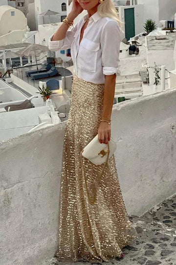 Woochic jupe cocktail paillettes scintillantes couture plissée doré S